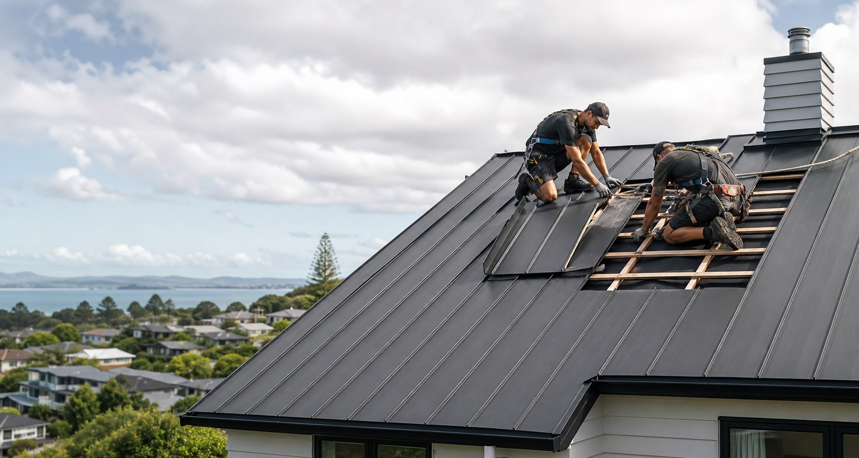 Roof repairs Auckland contractors working on a modern New Zealand home