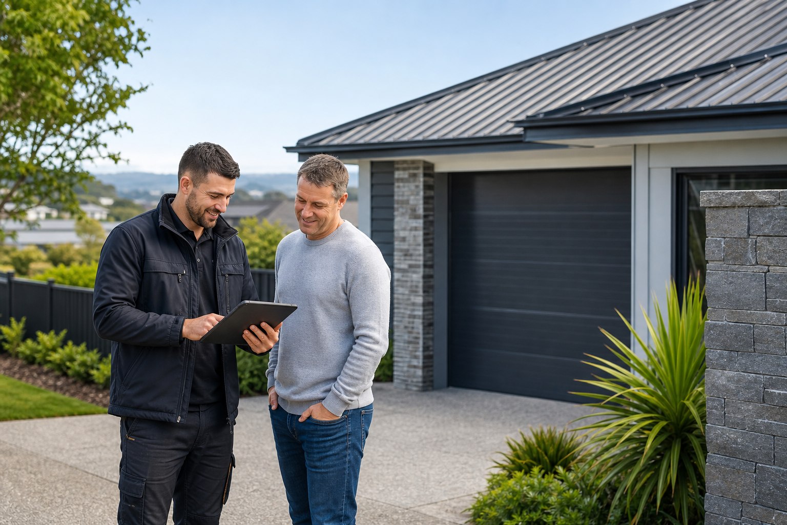 Auckland roofing contractor discussing a quote with a homeowner